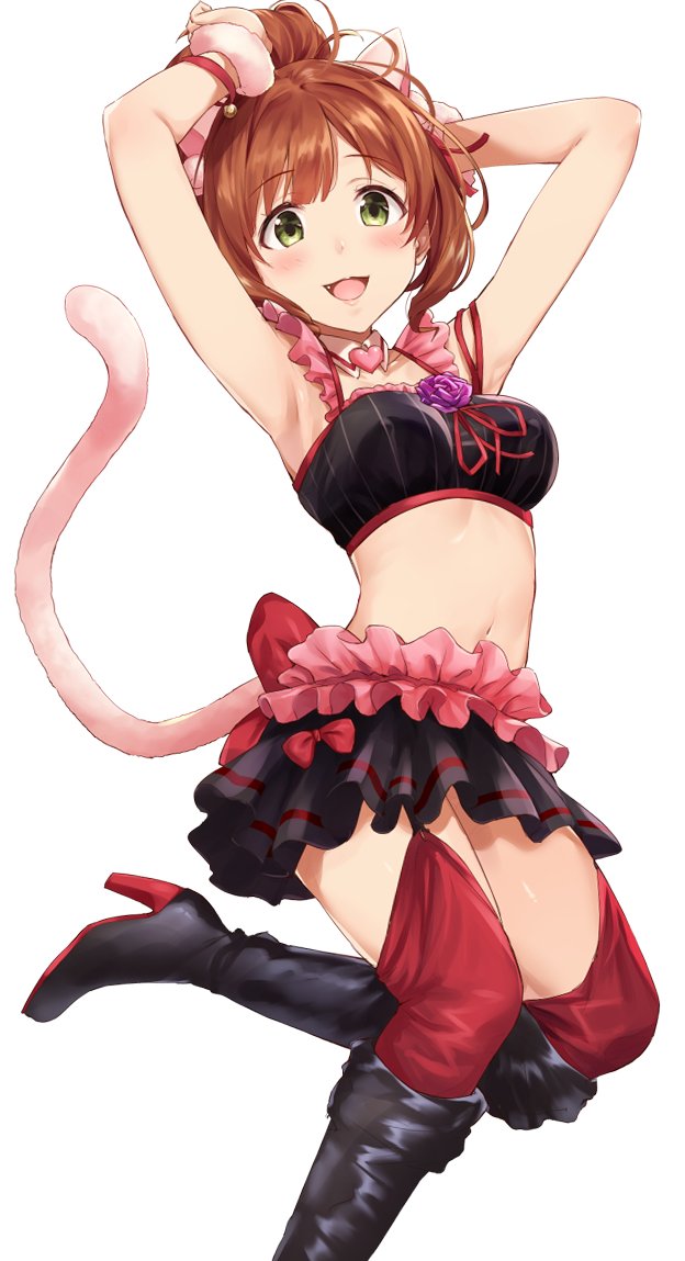 1girl, animal_ears, armpits, brown_hair, bvucki36gzoeq1c, cat_ears, cat_tail, green_eyes