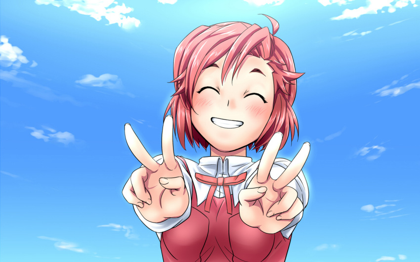 1girl, aoba_tsugumi, closed_hair, clouds, grin, kannagi, red_hair, school_uniform, sky, smile, solo, teeth, v, wallpaper