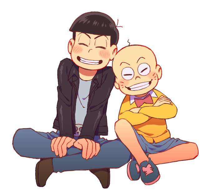 2boys, bald, blue_shorts, bow, bowtie, chibita, closed_eyes, crossed_arms
