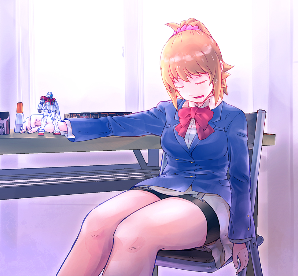 1girl, bike_shorts, blonde_hair, breasts, brown_hair, closed_eyes, figure, gm_(mobile_suit)