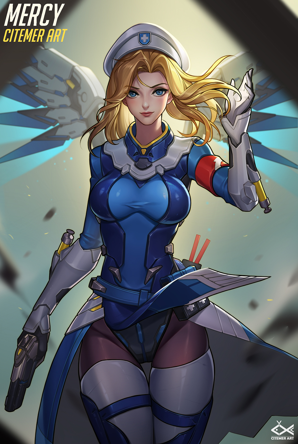 1girl, alternate_costume, alternate_hairstyle, beret, blonde_hair, blue_eyes, breasts, citemer, combat_medic_ziegler, gun, handgun, hat, highres, large_breasts, long_hair, looking_at_viewer, mercy_(overwatch), overwatch, panties, pantyhose, pantyshot, pantyshot_(standing), smile, solo, standing, syringe, thigh-highs, thigh_gap, underwear, weapon, wind, wind_lift