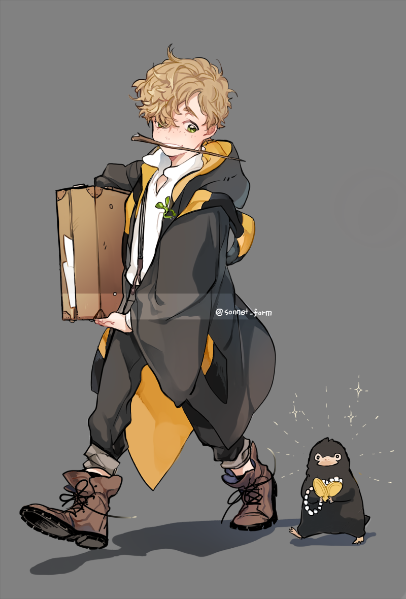 1boy, blonde_hair, boots, briefcase, coin, curly_hair, fantastic_beasts_and_where_to_find_them, freckles
