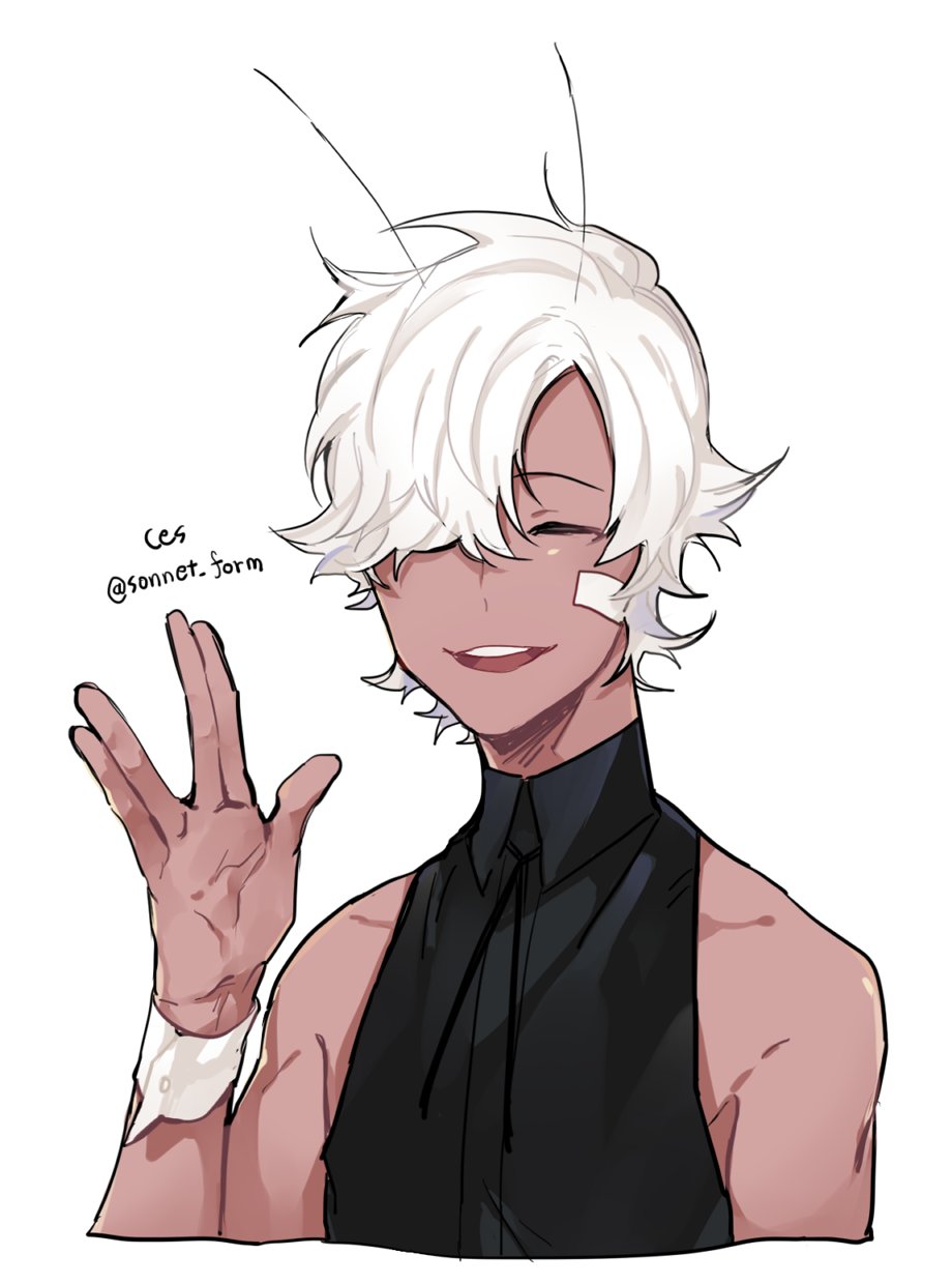 1boy, antennae, bandage, bandage_on_face, black_shirt, closed_eyes, cropped_torso, dark_skin