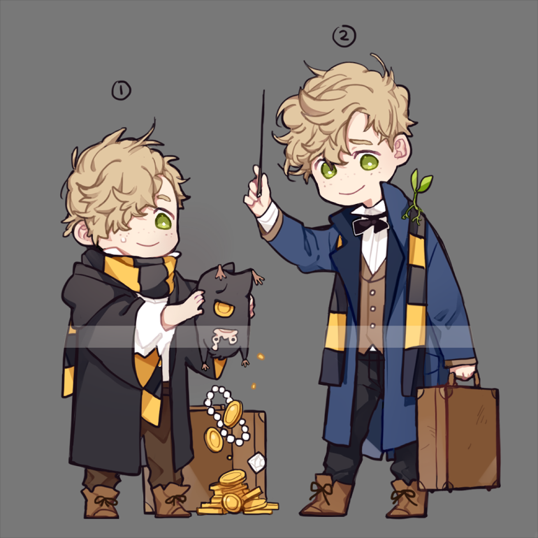 2boys, age_comparison, blonde_hair, bowtruckle, briefcase, coin, fantastic_beasts_and_where_to_find_them, freckles