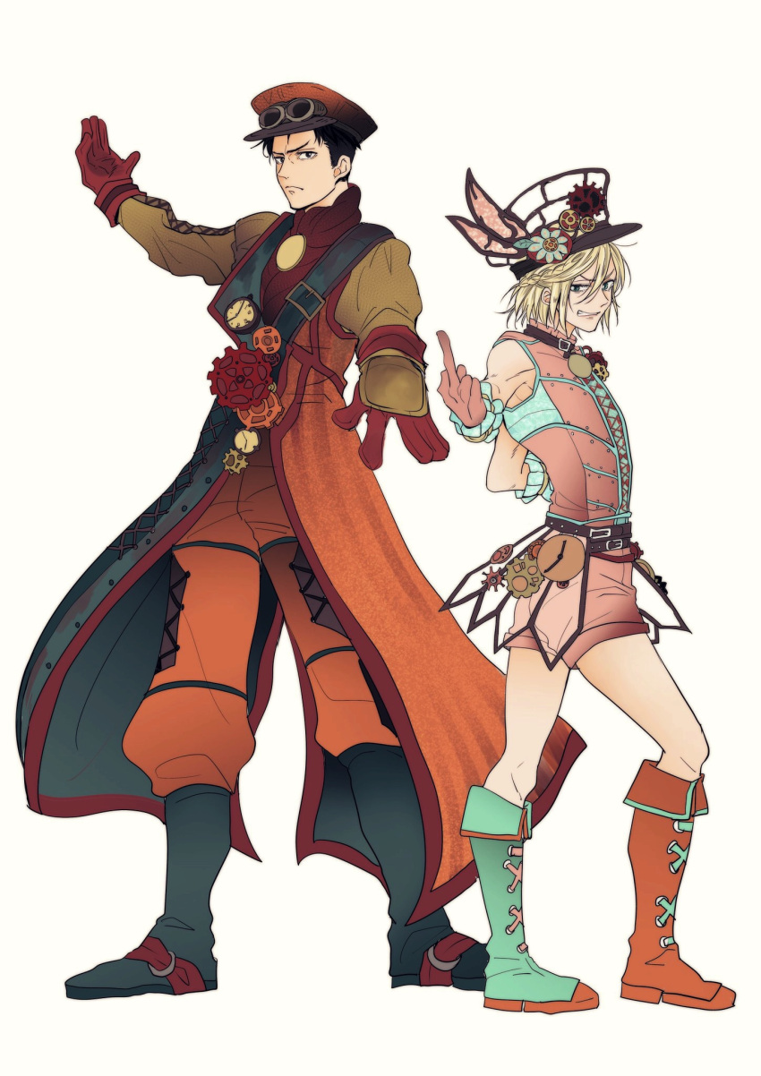 2boys, black_hair, blonde_hair, boots, braid, brown_eyes, coat, cosplay