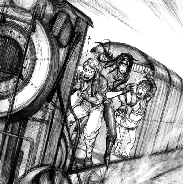 cid_highwind, final_fantasy, final_fantasy_vii, monochrome, multiple_boys, panic, panicking, sketch