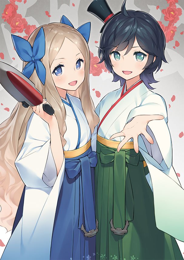 2girls, ahoge, asakaze_(kantai_collection), bangs, black_hair, blue_eyes, blue_hakama, bow