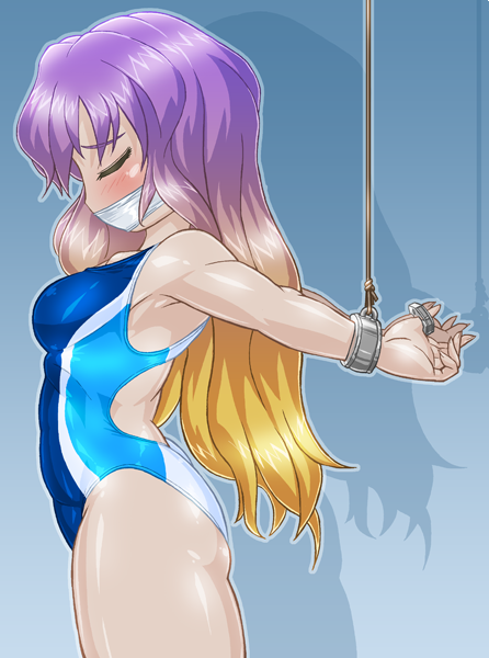 1girl, bdsm, bondage, bound, brown_hair, closed_eyes, competition_swimsuit, cowboy_shot, cuffs, gag, gagged, gradient_hair, hijiri_byakuren, long_hair, multicolored_hair, one-piece_swimsuit, purple_hair, restrained, rope, shadow, solo, strappado, swimsuit, touhou, winn