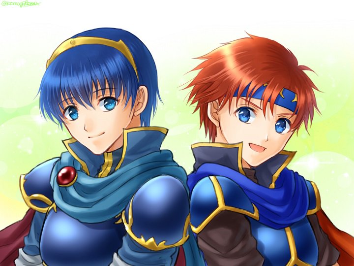 back-to-back, blue_eyes, blue_hair, cape, fire_emblem, fire_emblem:_fuuin_no_tsurugi, fire_emblem:_mystery_of_the_emblem, fire_emblem:_shin_ankoku_ryuu_to_hikari_no_tsurugi