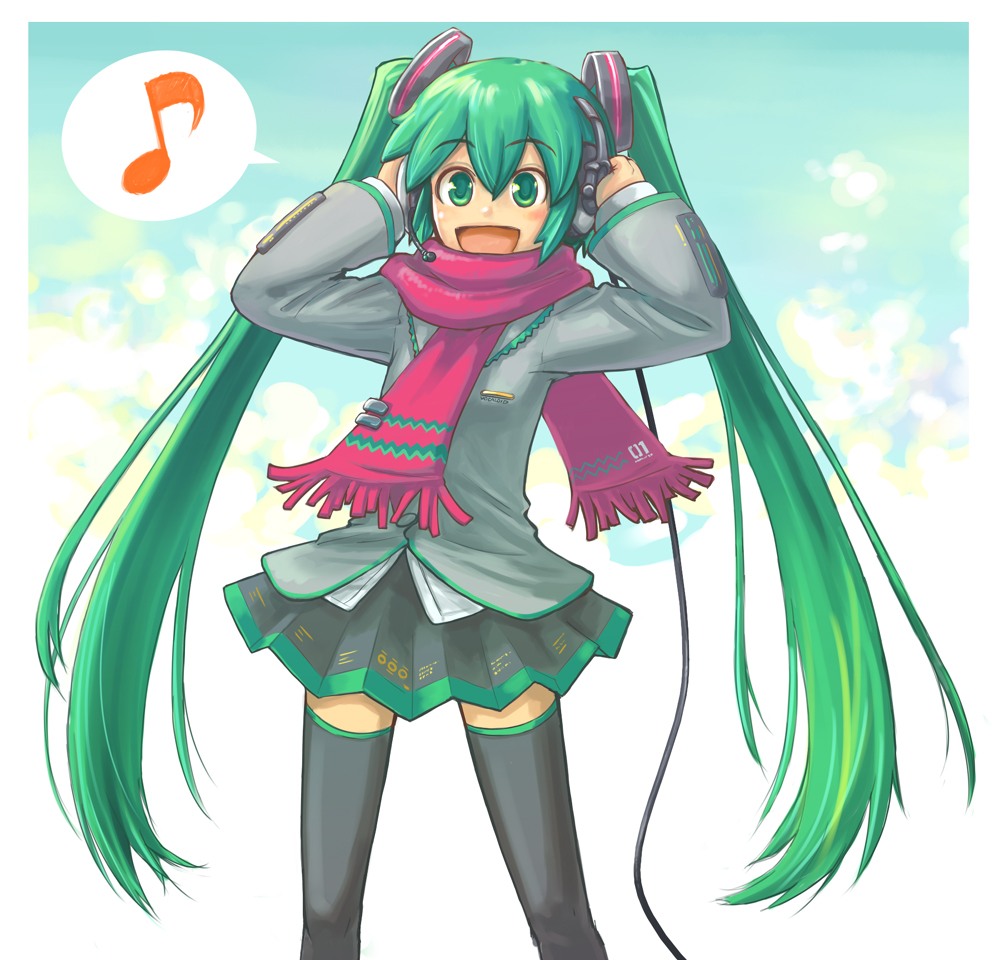 hands_on_headphones, hatsune_miku, headphones, listening_to_music, musical_note, musical_notes, nakune, scarf