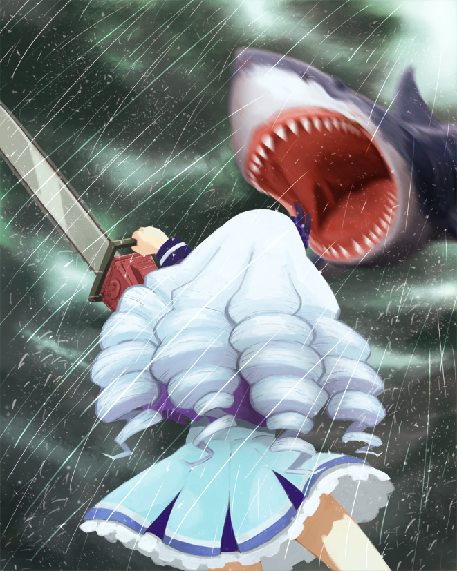 1girl, aikatsu!, aikatsu_stars!, artist_request, blue_hair, chainsaw, dress, drill_hair, frills, hair_ornament, long_hair, long_sleeves, rain, school_uniform, shark, sharknado, sharp_teeth, shirogane_lilly, skirt, teeth, white_hair, yonhin_moku