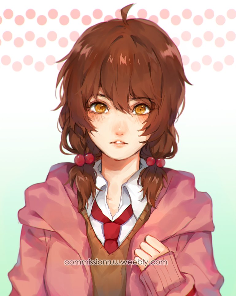 ahoge, artist_name, blush, brown_hair, collared_shirt, hair_bobbles, hair_ornament, hood