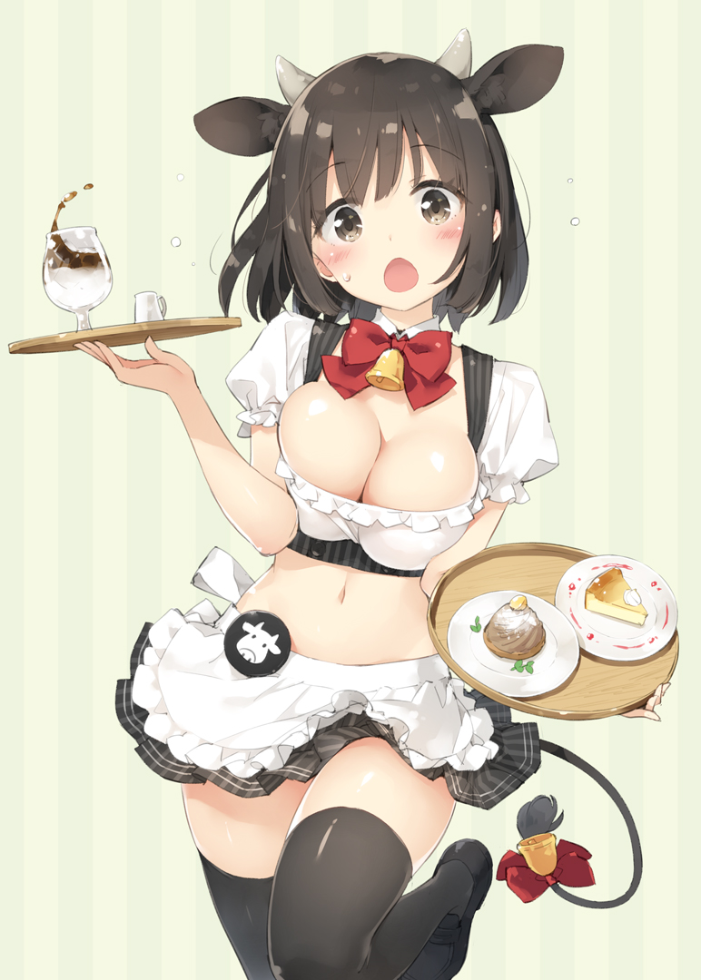 1girl, :o, animal_ears, apron, badge, bell, black_legwear, blush