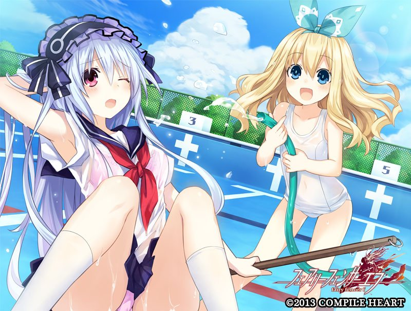 2girls, bare_shoulders, blonde_hair, blue_eyes, blush, bow, bra, breasts, fairy_fencer_f, flat_chest, frills, hairband, lolita_hairband, long_hair, looking_at_viewer, medium_breasts, multiple_girls, official_art, open_mouth, panties, pink_bra, pink_panties, pool, red_eyes, ribbon, rolo_(fairy_fencer_f), sitting, smile, standing, tiara_(fairy_fencer_f), tsunako, underwear, wet, wet_clothes, white_hair