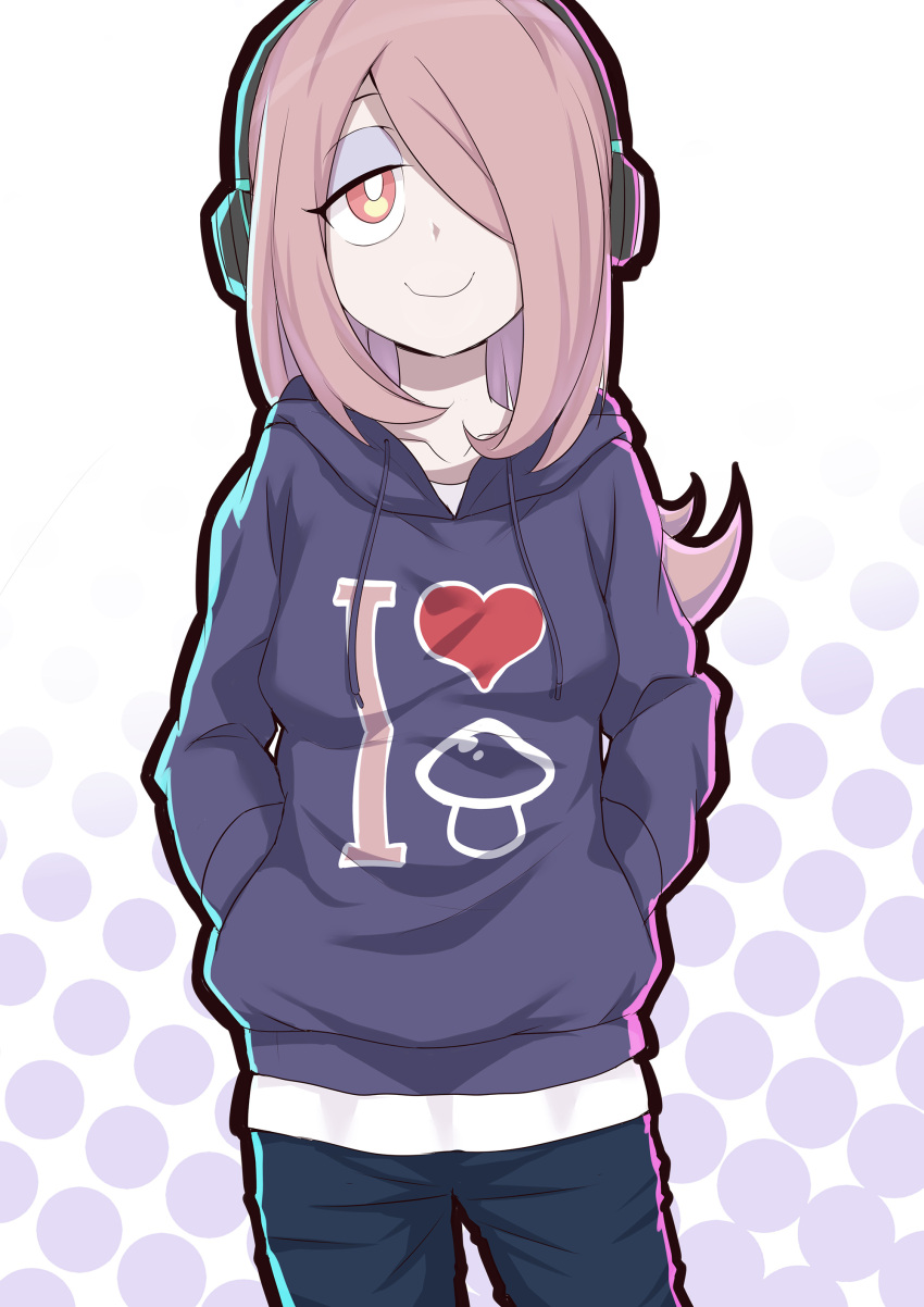 1girl, absurdres, alternate_costume, caibao, casual, collarbone, cowboy_shot, graphic_shirt, hair_over_one_eye, half-closed_eyes, hands_in_pockets, headphones, highres, hood, hoodie, jitome, little_witch_academia, long_hair, orange_eyes, pale_skin, pink_hair, simple_background, smile, solo, sucy_manbavaran