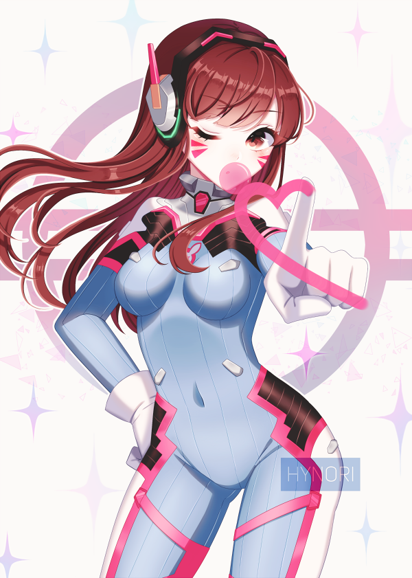 1girl, animal_print, artist_name, bangs, bodysuit, breasts, brown_eyes, brown_hair, bubble_blowing, bunny_print, chewing_gum, contrapposto, covered_navel, d.va_(overwatch), eyebrows_visible_through_hair, facepaint, facial_mark, finger_painting, gloves, hand_on_hip, headphones, high_collar, hynoristarlest, impossible_bodysuit, impossible_clothes, long_hair, looking_at_viewer, medium_breasts, overwatch, pilot_suit, pointing, pointing_at_viewer, ribbed_bodysuit, shoulder_pads, signature, skin_tight, solo, sparkle, swept_bangs, whisker_markings, white_background, white_gloves