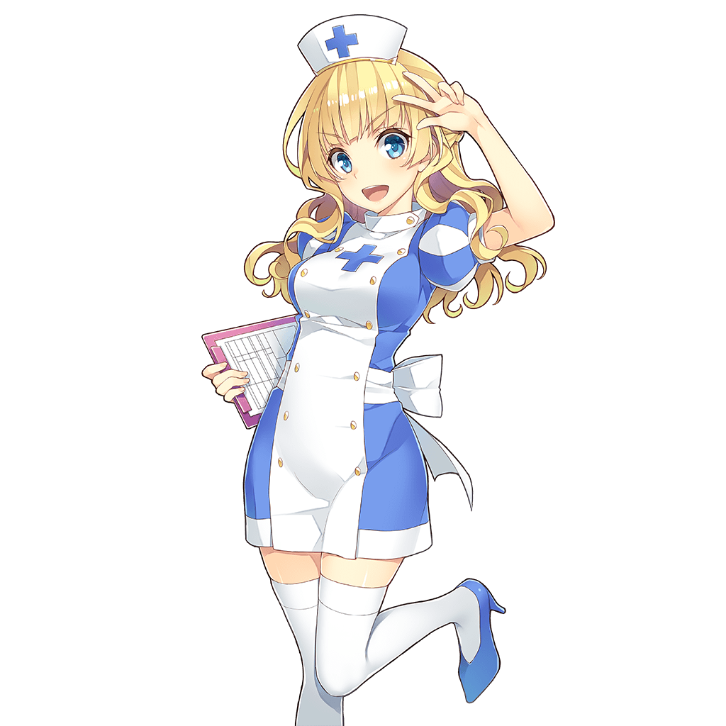 >:d, 1girl, :d, amelie_mcgregor, blonde_hair, blue_eyes, blue_shoes, braid, clipboard, cowboy_shot, dress, eyebrows_visible_through_hair, french_braid, hat, high_heels, long_hair, looking_at_viewer, mmu, nurse, nurse_cap, official_art, open_mouth, shoes, smile, solo, standing, standing_on_one_leg, thigh-highs, transparent_background, uchi_no_hime-sama_ga_ichiban_kawaii, w, wavy_hair, white_legwear, zettai_ryouiki