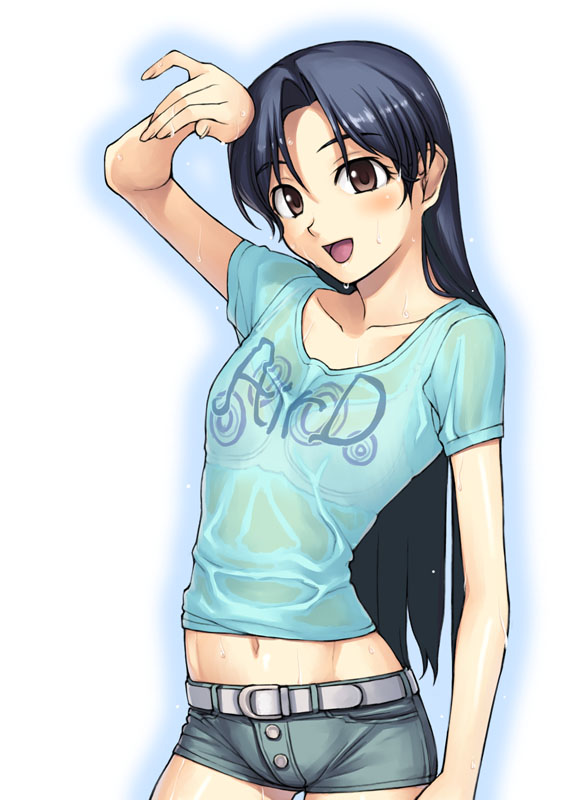 +00s, 1girl, blue_hair, bra, brown_eyes, denim, denim_shorts, idolmaster