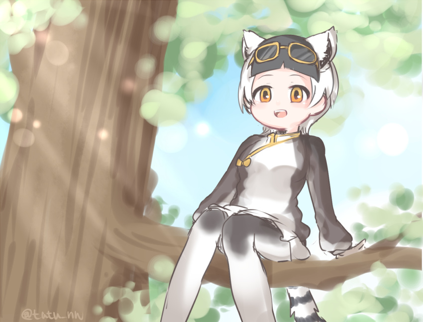 1girl, artist_name, black_hair, glasses_on_head, kemono_friends, leaf, lemur_ears, lemur_tail