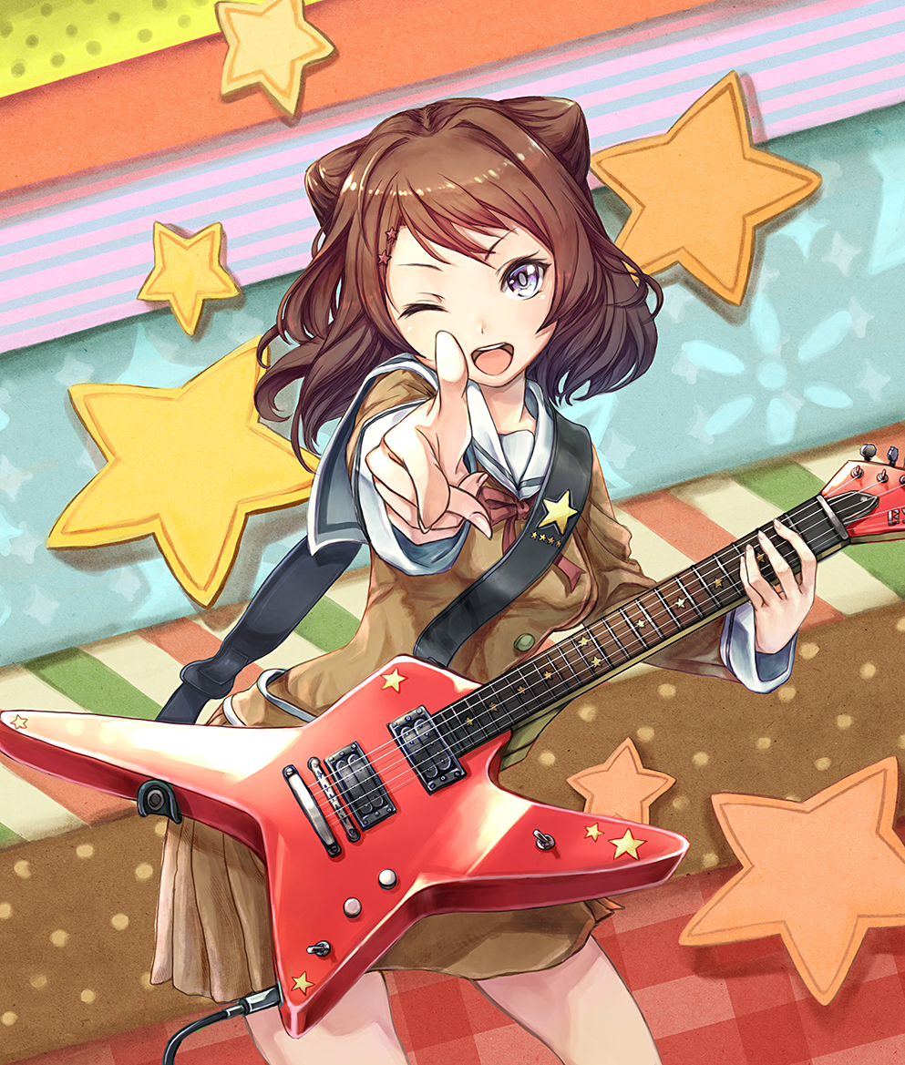 1girl, bang_dream!, breasts, brown_hair, checkered, checkered_background, electric_guitar, finger_gun