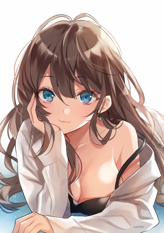 bare_shoulders, blush, brown_hair, green_eyes, ichinose_shiki, idolmaster, idolmaster_cinderella_girls, jacket, long-hair, smile