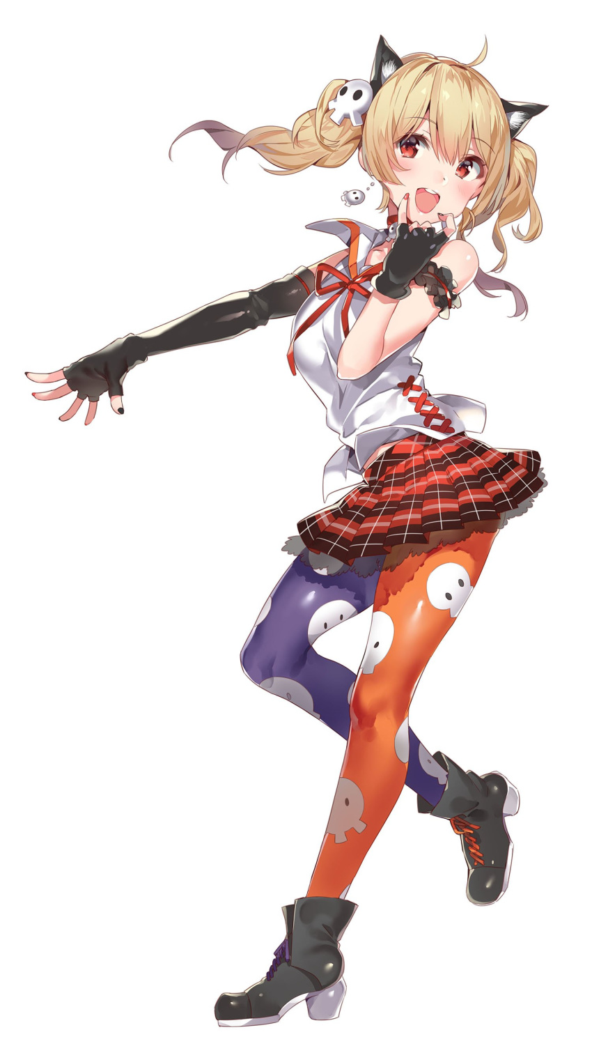 1girl, :d, absurdres, ahoge, animal_ears, ankle_boots, arm_garter, asymmetrical_gloves