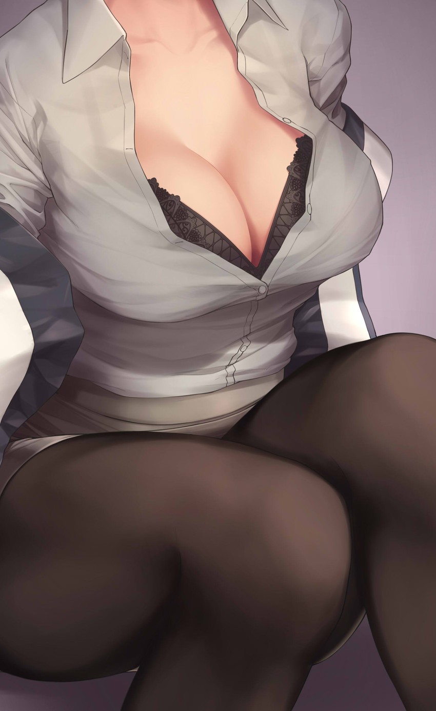 1girl, black_bra, black_legwear, bra, breasts, cleavage, highres, large_breasts