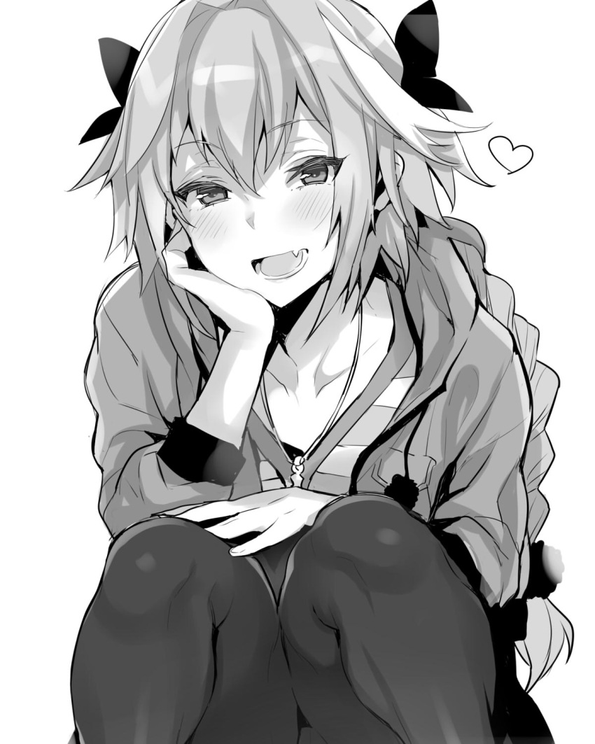 1boy, :d, blush, bow, braid, casual, commentary_request, fang