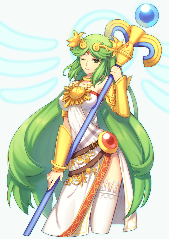 1girl, bare_shoulders, breasts, green_eyes, green_hair, jewelry, kid_icarus, kid_icarus_uprising, large_breasts, long_hair, necklace, palutena, smile, solo, staff, super_smash_bros., thigh-highs, tiara, very_long_hair, wusagi2