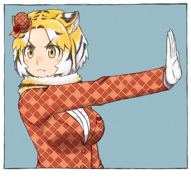 1girl, animal_ears, animal_print, black_hair, blue_background, fang, fur_trim, gloves