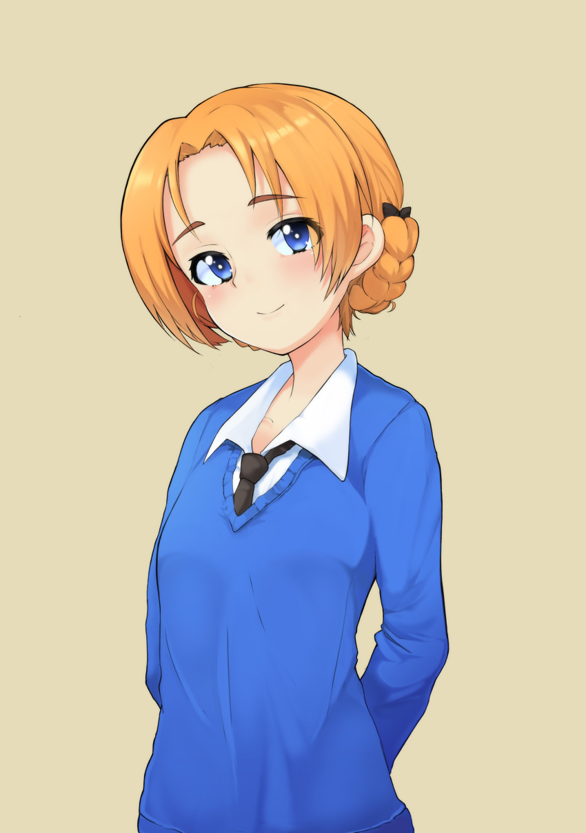 1girl, absurdres, black_bow, black_necktie, blue_eyes, blue_sweater, bow, braid, brown_background, closed_mouth, dress_shirt, girls_und_panzer, hair_bow, highres, light_smile, long_sleeves, looking_at_viewer, looking_back, necktie, no_emblem, orange_hair, orange_pekoe, saiyan_222, school_uniform, shirt, short_hair, simple_background, solo, st._gloriana's_school_uniform, standing, sweater, tied_hair, twin_braids, upper_body, v-neck, white_shirt