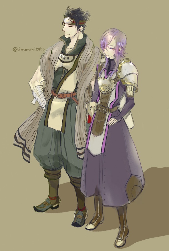 2boys, adusa, armor, artist_name, bandage, boots, brown_background, brown_hair
