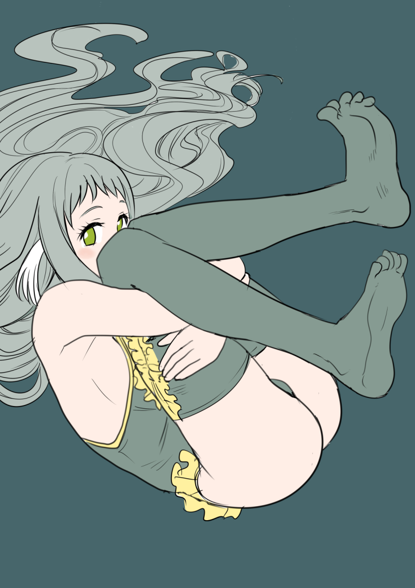1girl, bare_shoulders, blue_background, curly_hair, feet, green_eyes, green_hair, kemono_friends