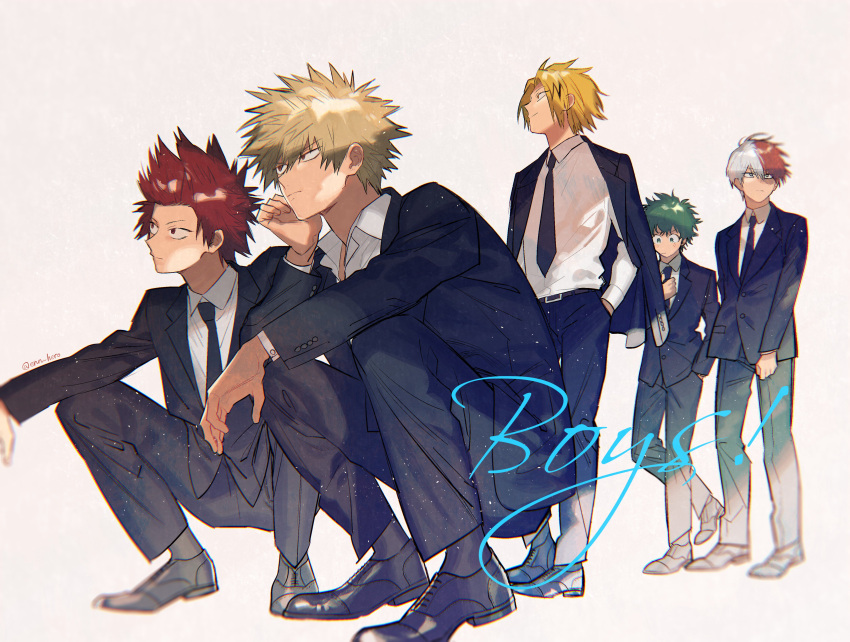 4boys, absurdres, alternate_costume, bakugou_katsuki, black_necktie, black_pants, blazer, boku_no_hero_academia, collared_shirt, enn_hero, full_body, highres, jacket, kaminari_denki, kirishima_eijirou, midoriya_izuku, multiple_boys, necktie, pants, shirt, shoes, simple_background, todoroki_shouto, tuxedo, white_background