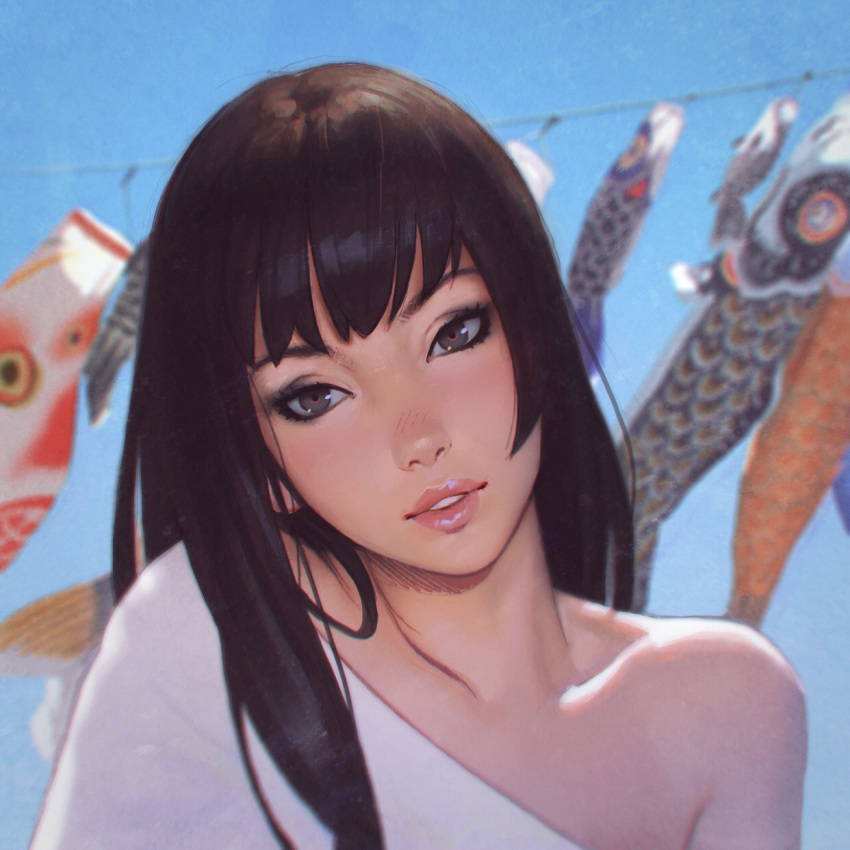 1girl, brown_hair, chromatic_aberration, grey_eyes, head_tilt, highres, ilya_kuvshinov, koinobori, lips, long_hair, looking_at_viewer, off_shoulder, original, parted_lips, smile, solo, upper_body