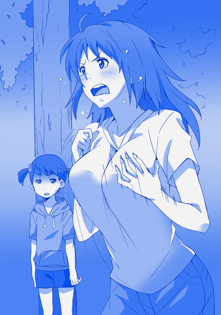 >:o, 2girls, :o, ahoge, blue, bouncing_breasts, breast_grab, breasts