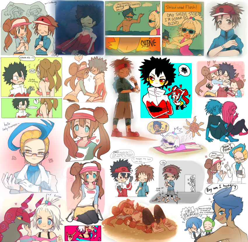 akuroma_(pokemon), alternate_costume, beach, blush, brown_hair, corn_(pokemon), crying, dent_(pokemon), double_bun, eevee, glasses, gloves, gym_leader, highres, homika_(pokemon), hue_(pokemon), ichigo-tan, knife, kyouhei_(pokemon), leggings, mei_(pokemon), multiple_boys, multiple_girls, ocean, pantyhose, pokemon, pokemon_(creature), pokemon_(game), pokemon_bw, pokemon_bw2, raglan_sleeves, scolipede, shizui_(pokemon), short_hair, sketch, sleeping, solrock, swimsuit, touko_(pokemon), touya_(pokemon), twintails, visor_cap, white_hair