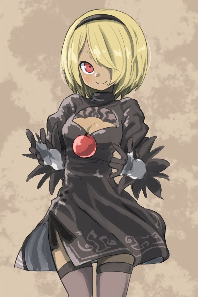1girl, apple, black_dress, black_legwear, blonde_hair, cosplay, dark_skin, dress