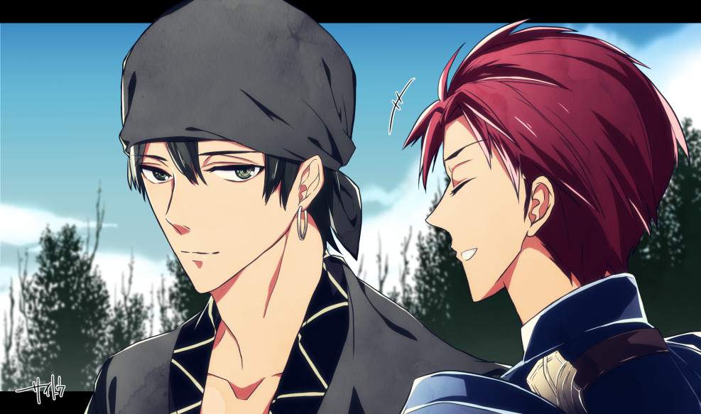 2boys, armor, bandanna, closed_eyes, earrings, fire_emblem, fire_emblem:_fuuin_no_tsurugi, green_eyes, green_hair, jewelry, male_focus, multiple_boys, portrait, redhead, shin_(fire_emblem), sky, teeth, tree, zeiss
