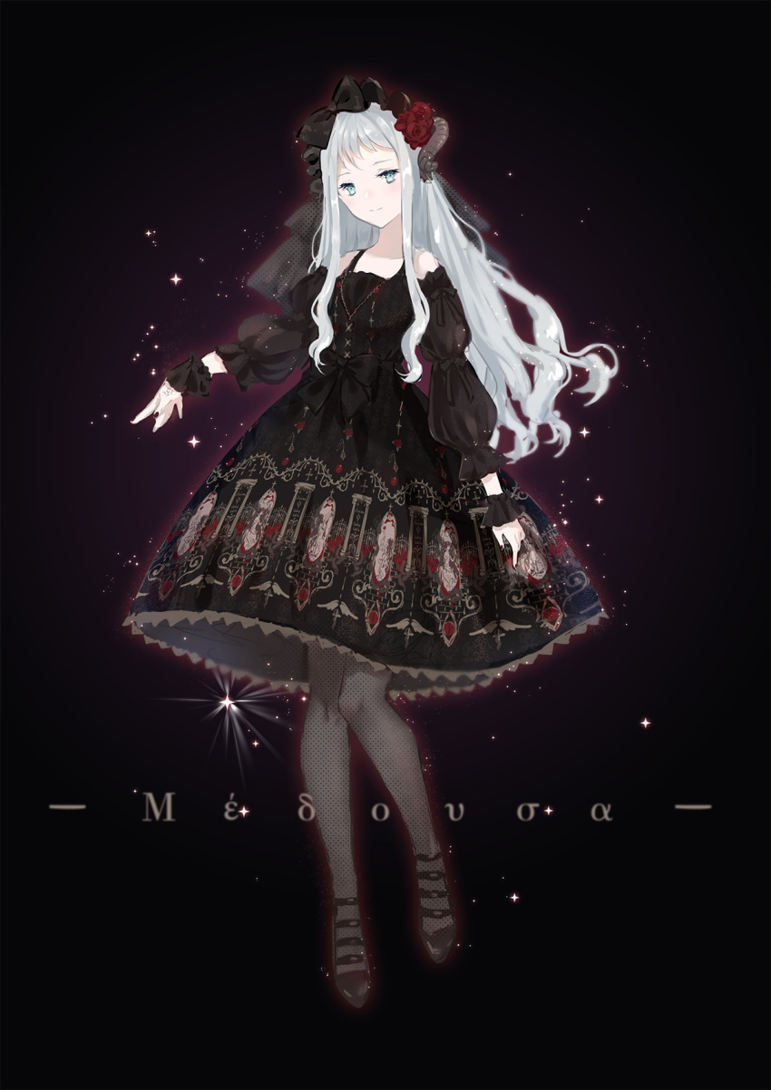 1girl, ankle_lace-up, arm_at_side, bare_shoulders, black_bow, black_dress, black_legwear, black_nails, black_shoes, black_wristband, blue_eyes, blue_hair, bow, cross-laced_footwear, detached_puffy_sleeves, detached_sleeves, dress, fingernails, flower, frilled_sleeves, frills, full_body, gothic, gothic_lolita, hair_bow, hair_flower, hair_ornament, hairband, hand_up, highres, lolita_fashion, lolita_hairband, long_hair, looking_at_viewer, nail_polish, original, pantyhose, print_dress, print_legwear, red_rose, rose, shoes, sidelocks, sleeveless, sleeveless_dress, smile, solo, sparkle, wrist_cuffs, yuzhi
