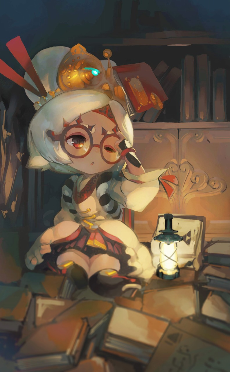 1girl, ;o, adjusting_glasses, book, bookshelf, dark_skin, dress, full_body