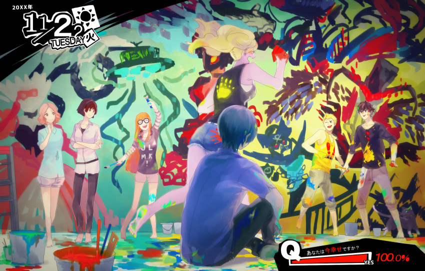 3boys, 4girls, :d, ;d, amamiya_ren, angry, arm_up, arms_at_sides