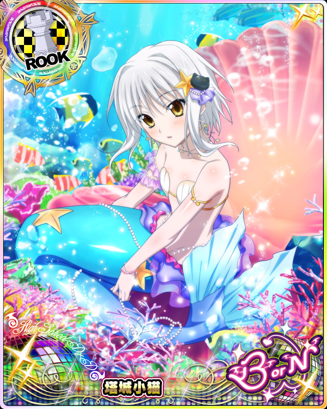 1girl, air_bubble, bikini_top, blush, card_(medium), cat_hair_ornament, character_name, chess_piece