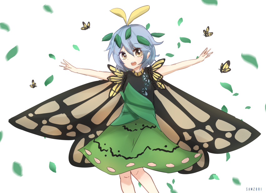 1girl, :d, absurdres, bare_arms, butterfly, butterfly_wings, dress, eternity_larva