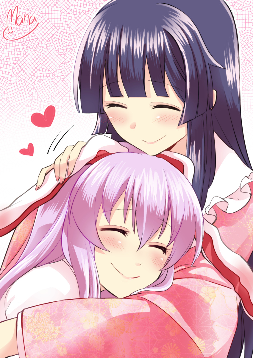 2girls, animal_ears, black_hair, blush, closed_eyes, commentary, ear_blush, happy