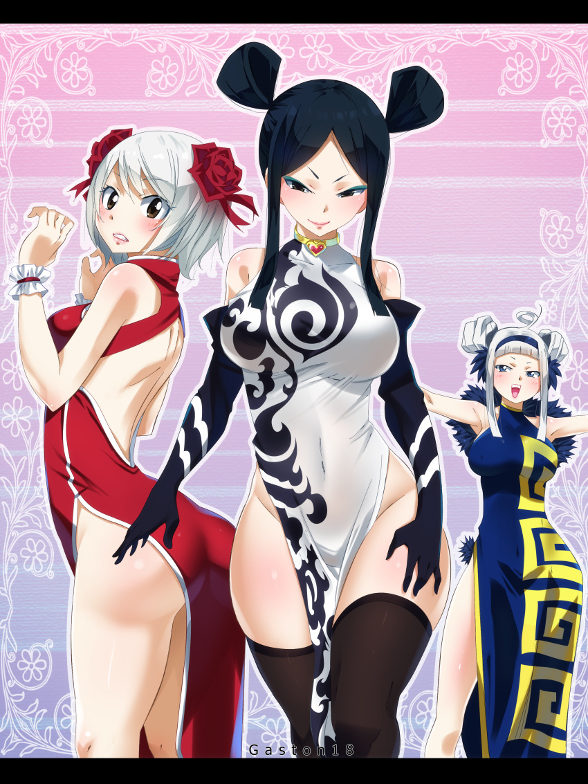 3girls, absurdres, ahoge, angel_(fairy_tail), artist_name, ass, bare_shoulders, black_eyes, black_gloves, black_hair, black_legwear, blue_eyes, blush, brown_eyes, china_dress, chinese_clothes, colored, double_bun, dress, elbow_gloves, erect_nipples, eyeshadow, fairy_tail, gaston18, gloves, hairband, heart_choker, highres, large_breats, letterboxed, lipstick, long_hair, looking_at_viewer, makeup, mashima_hiro, minerva_orlando, multiple_girls, no_bra, no_panties, open-back_dress, pelvic_curtain, short_hair, side_slit, sidelocks, smile, thigh-highs, white_hair, wide_hips, yukino_aguria