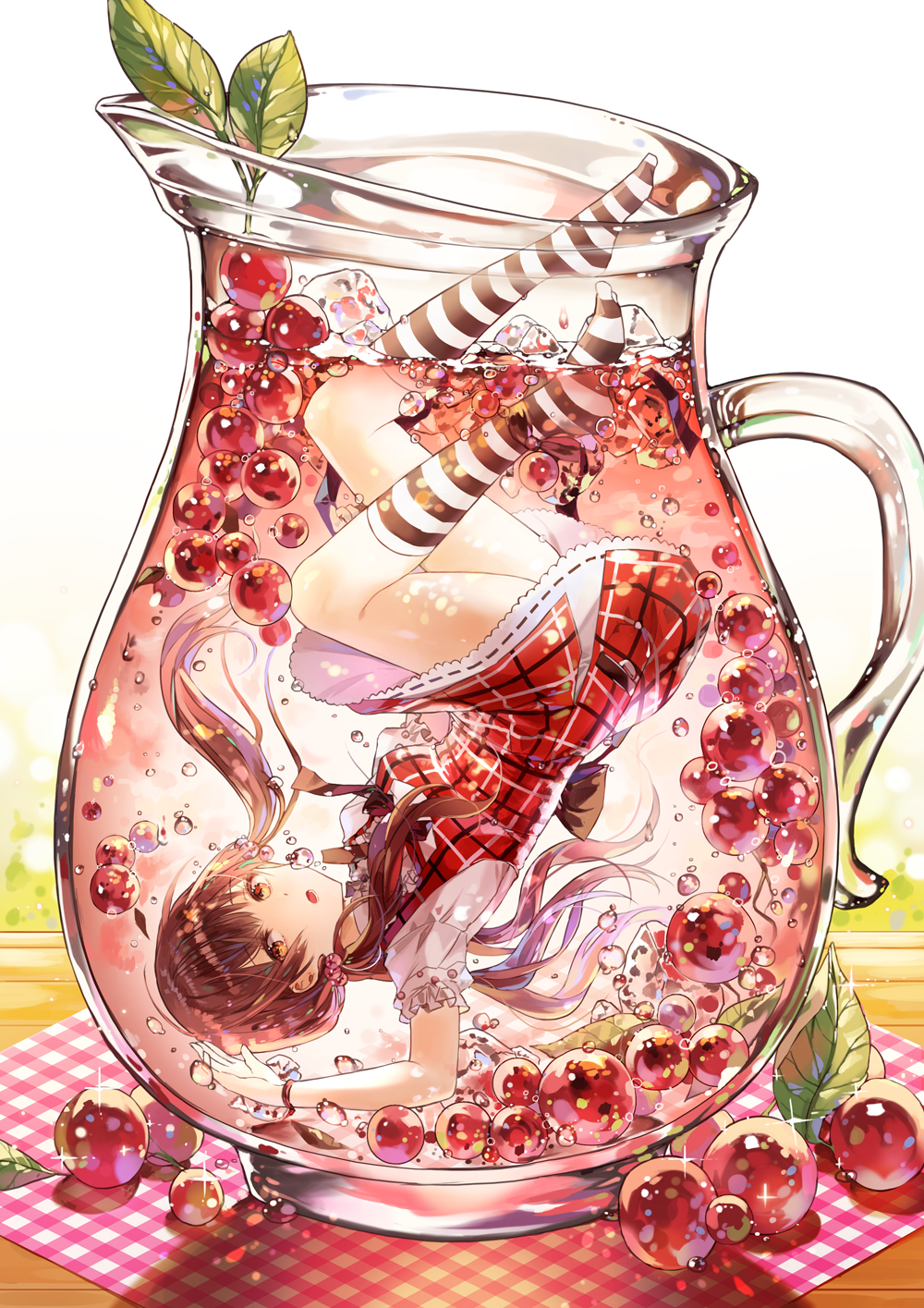 1girl, bottle, brown_eyes, brown_hair, bubble, cranberry, dress, highres
