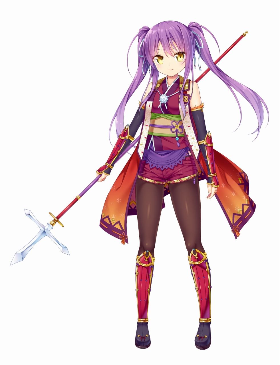 1girl, armor, brown_legwear, detached_sleeves, full_body, hair_ribbon, highres, holding