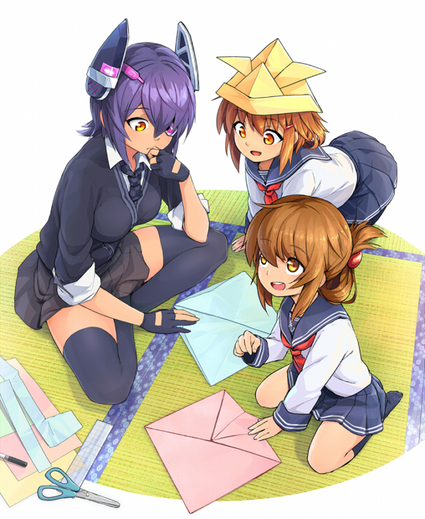 3girls, akama_zenta, black_legwear, brown_eyes, brown_hair, checkered, checkered_necktie, eyepatch