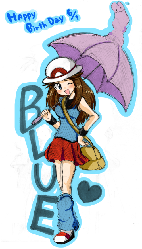 >;d, 1girl, ;d, bag, bare_shoulders, blue_(pokemon), blue_eyes, blue_shirt, blush, breasts, brown_hair, character_name, ditto, full_body, handbag, hat, head_tilt, heart, holding, holding_umbrella, leg_warmers, long_hair, looking_at_viewer, marker_(medium), medium_breasts, miniskirt, motion_lines, one_eye_closed, open_mouth, outline, over_shoulder, pleated_skirt, poke_ball_theme, pokemon, pokemon_(creature), pokemon_special, red_skirt, shirt, shoes, simple_background, skirt, smile, tank_top, tongue, traditional_media, tsurime, umbrella, walking, white_background, white_hat, white_shoes, wristband, yatsuhashi_otogi